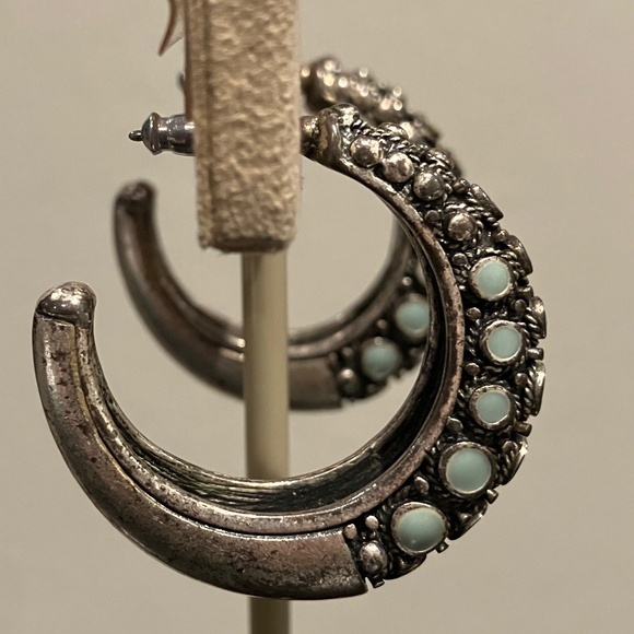 Turquoise Silver Half Hoop Earrings - Picture 6 of 6